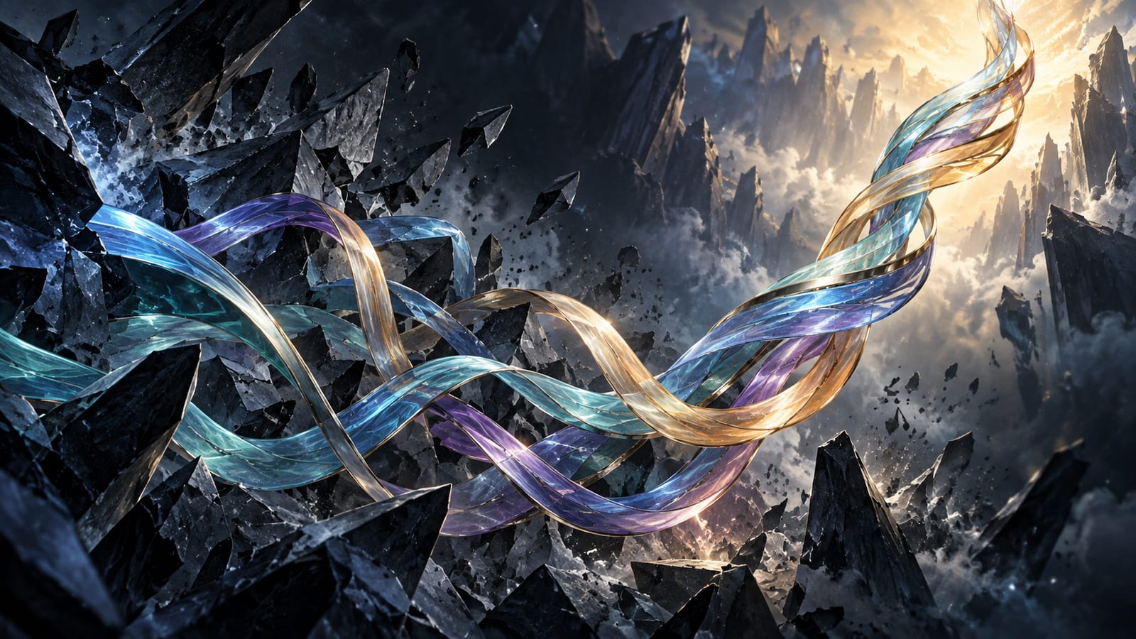 Glass ribbons twisting up out of shattered dark rock toward light